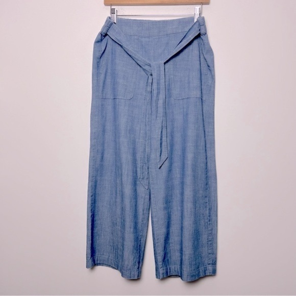 J by J. Crew Chambray Cotton Tie Waist Wide Leg Cropped Lightweight Pants 8 - Picture 2 of 14